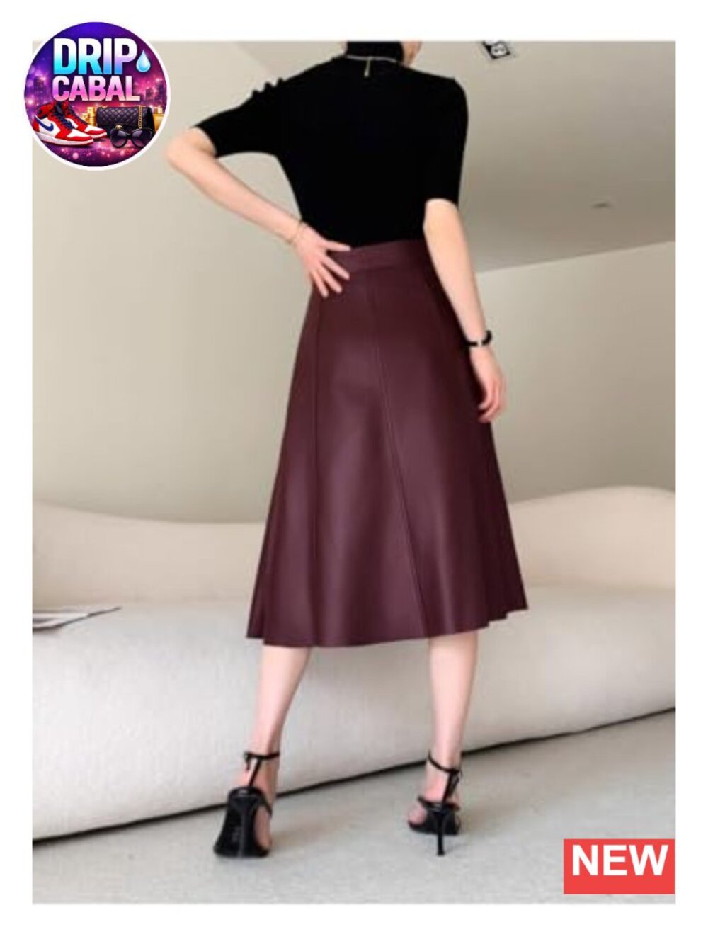 Women's High Waisted A-Line Midi Faux Leather Skirt with Ruffled Hem - Picture 5 of 6